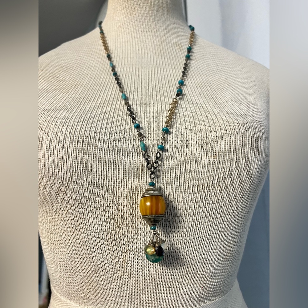 R One Of Kind Semi Precious Stone Long Necklace Vintage Retro Boho Bohemian